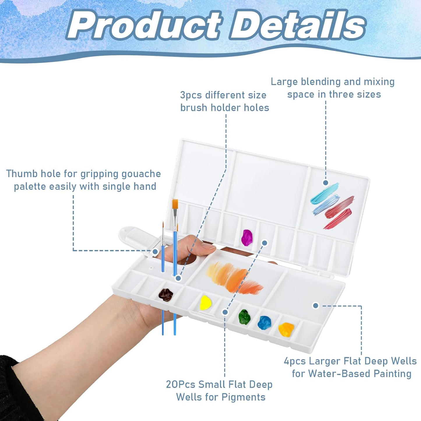 10Pcs Watercolor Palette Folding Paint Tray Plastic Painting Pallet with 25 Compartments, Thumbhole and Brush Holders, White