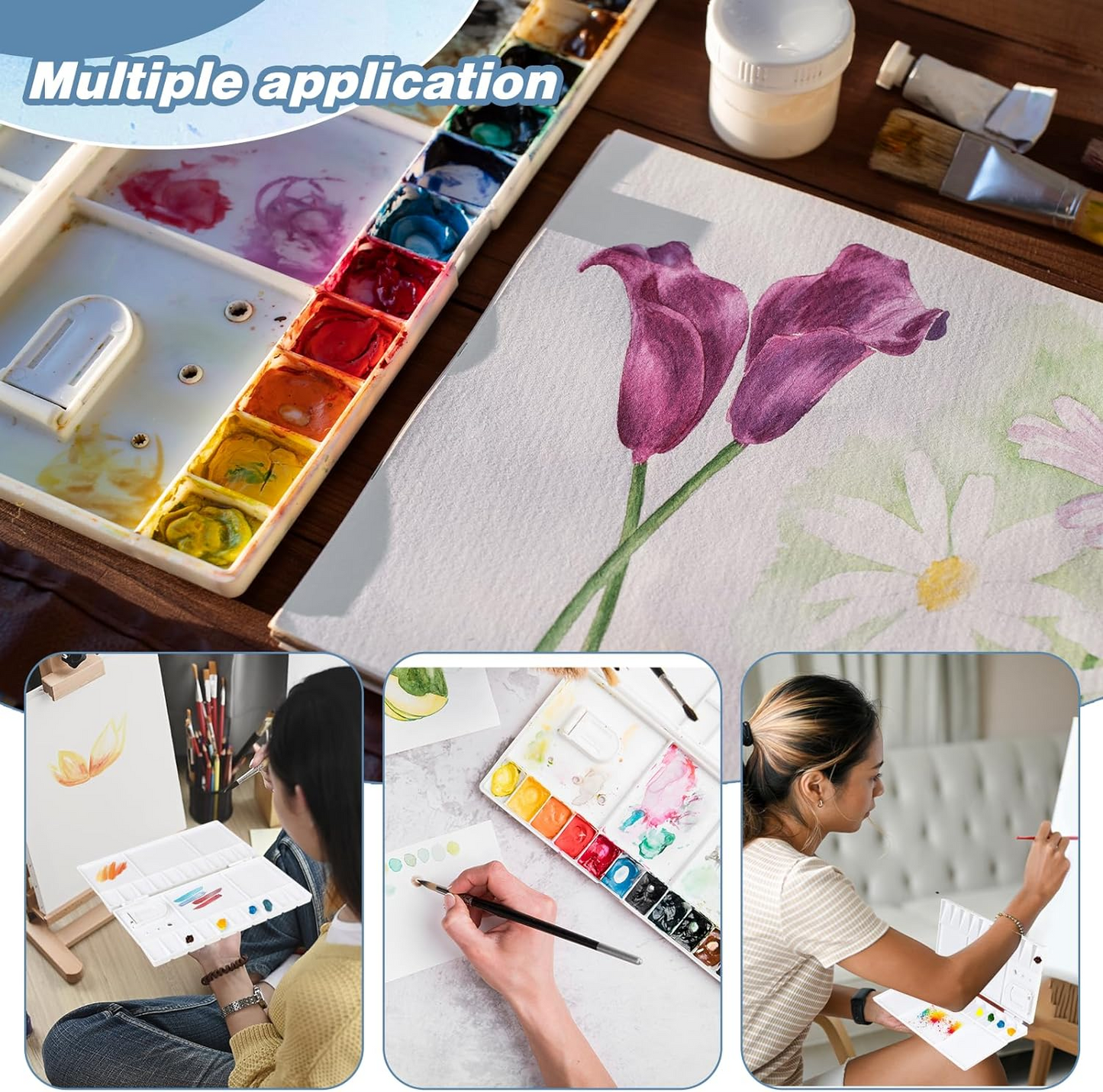 10Pcs Watercolor Palette Folding Paint Tray Plastic Painting Pallet with 25 Compartments, Thumbhole and Brush Holders, White