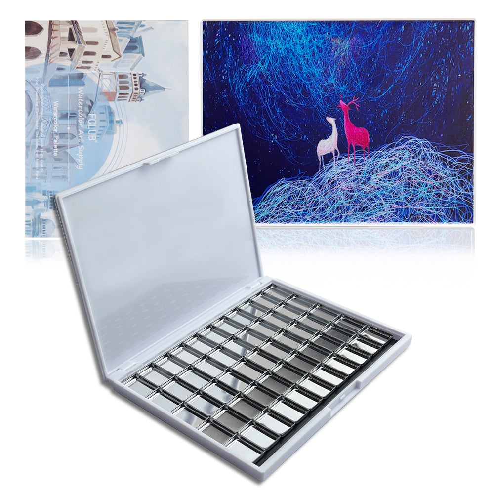 FCLUB Small Watercolor Palette with 55pcs Tiny Metal Pans, Fold Out Mixing Area with Magnet Backings, Watercolor Palette with Lid, Paint Pallet with Lid, Empty Watercolor Palette, Folding Paint Tray