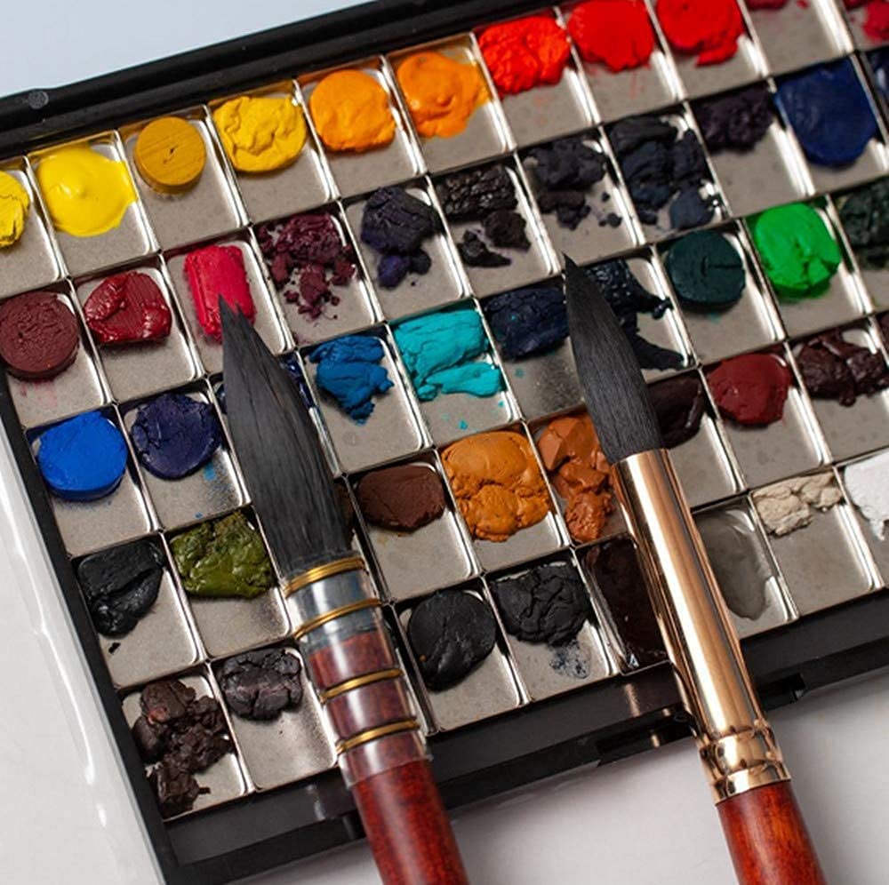FCLUB Small Watercolor Palette with 55pcs Tiny Metal Pans, Fold Out Mixing Area with Magnet Backings, Watercolor Palette with Lid, Paint Pallet with Lid, Empty Watercolor Palette, Folding Paint Tray