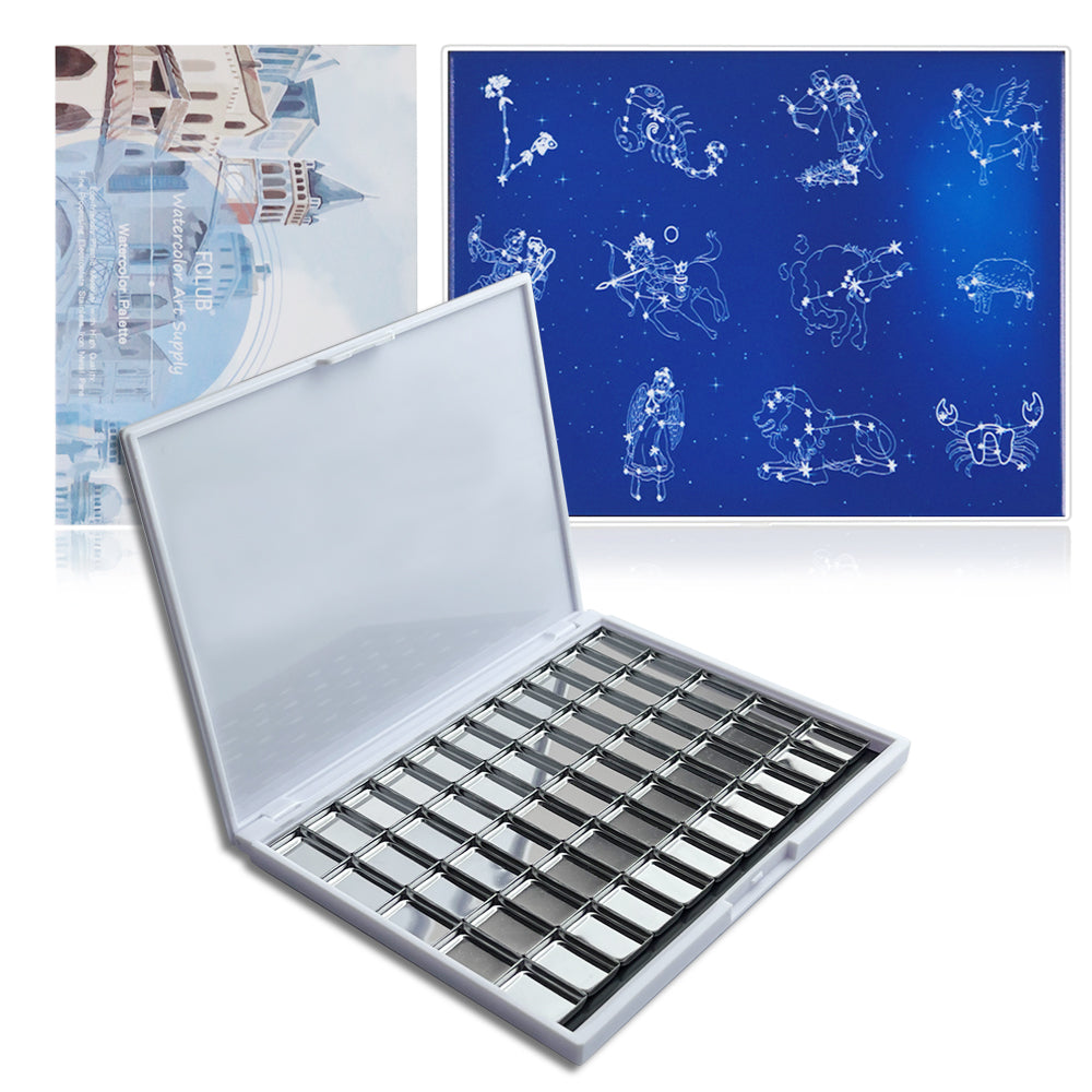 FCLUB Small Watercolor Palette with 55pcs Tiny Metal Pans, Fold Out Mixing Area with Magnet Backings, Watercolor Palette with Lid, Paint Pallet with Lid, Empty Watercolor Palette, Folding Paint Tray