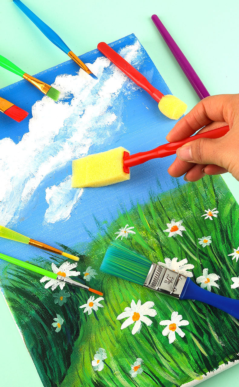 Kids Sponge Painting Brush Set - 12Pcs Watercolor Paint Brushes for Creative Art & Doodling