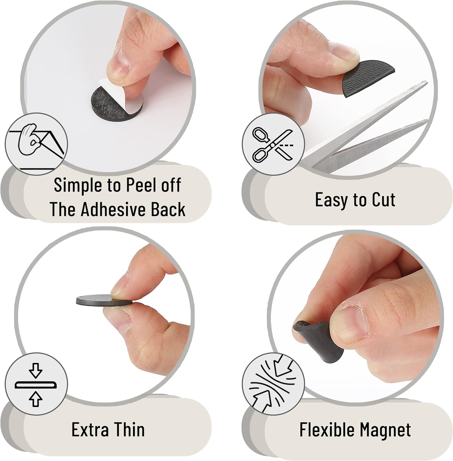 Self adhesive magnets can be cut into any shape with scissors for creative DIY and craft projects