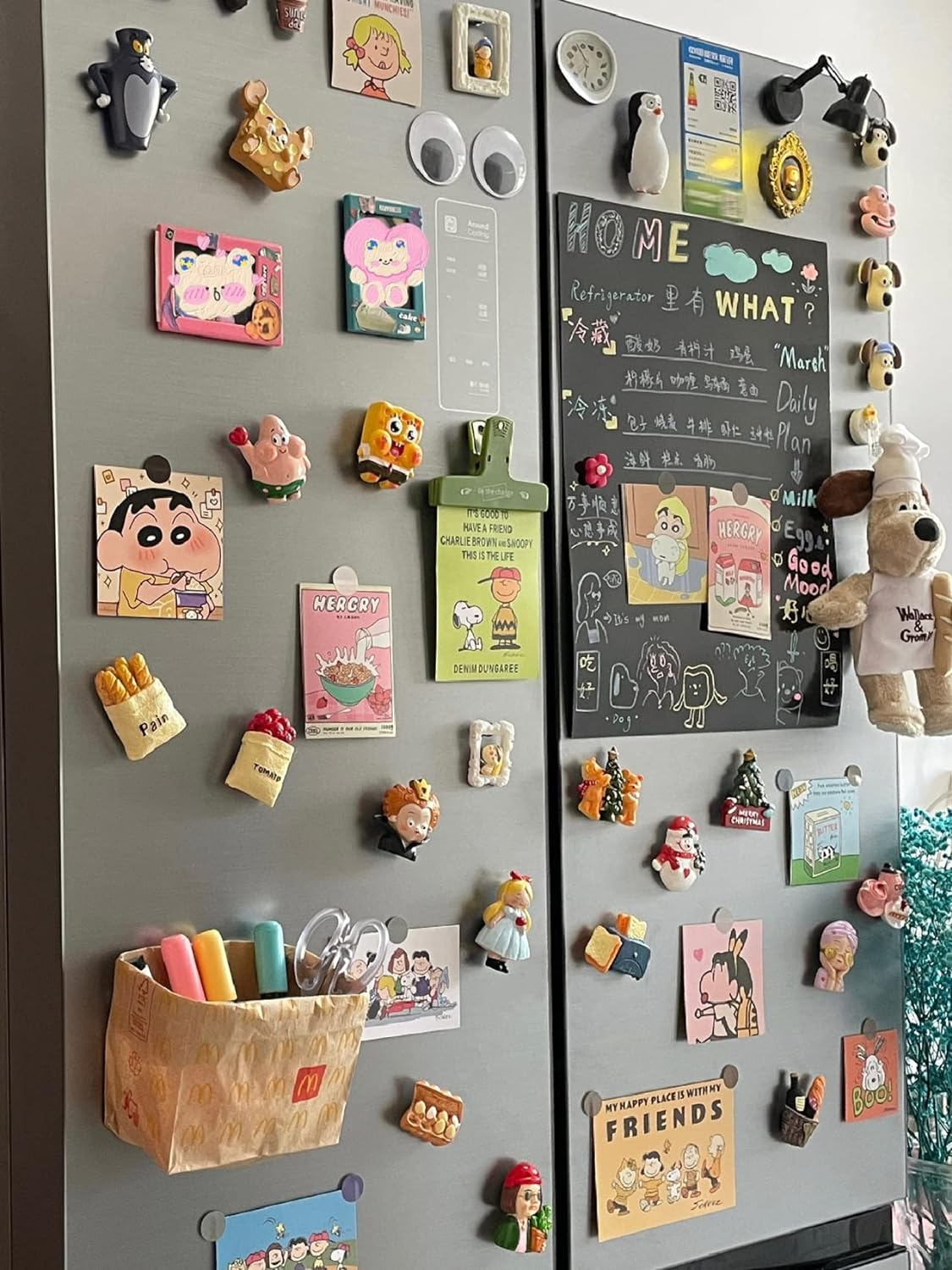 Adhesive magnets used to make custom fridge magnets on refrigerator door