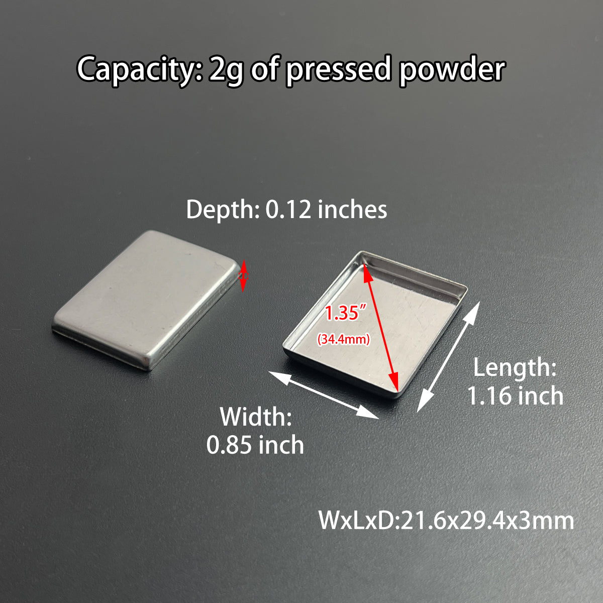 DIY rectangle metal pan with size comparison, perfect for eyeshadow, lipstick, or watercolor paint
