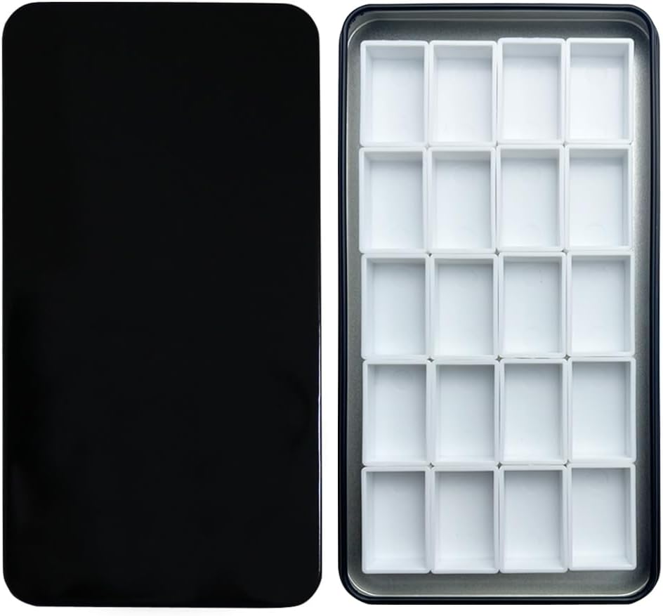 FCLUB black watercolor palette tin with 20 full pans and strong magnetic squares, compact and sturdy DIY paint tray perfect for artists and students