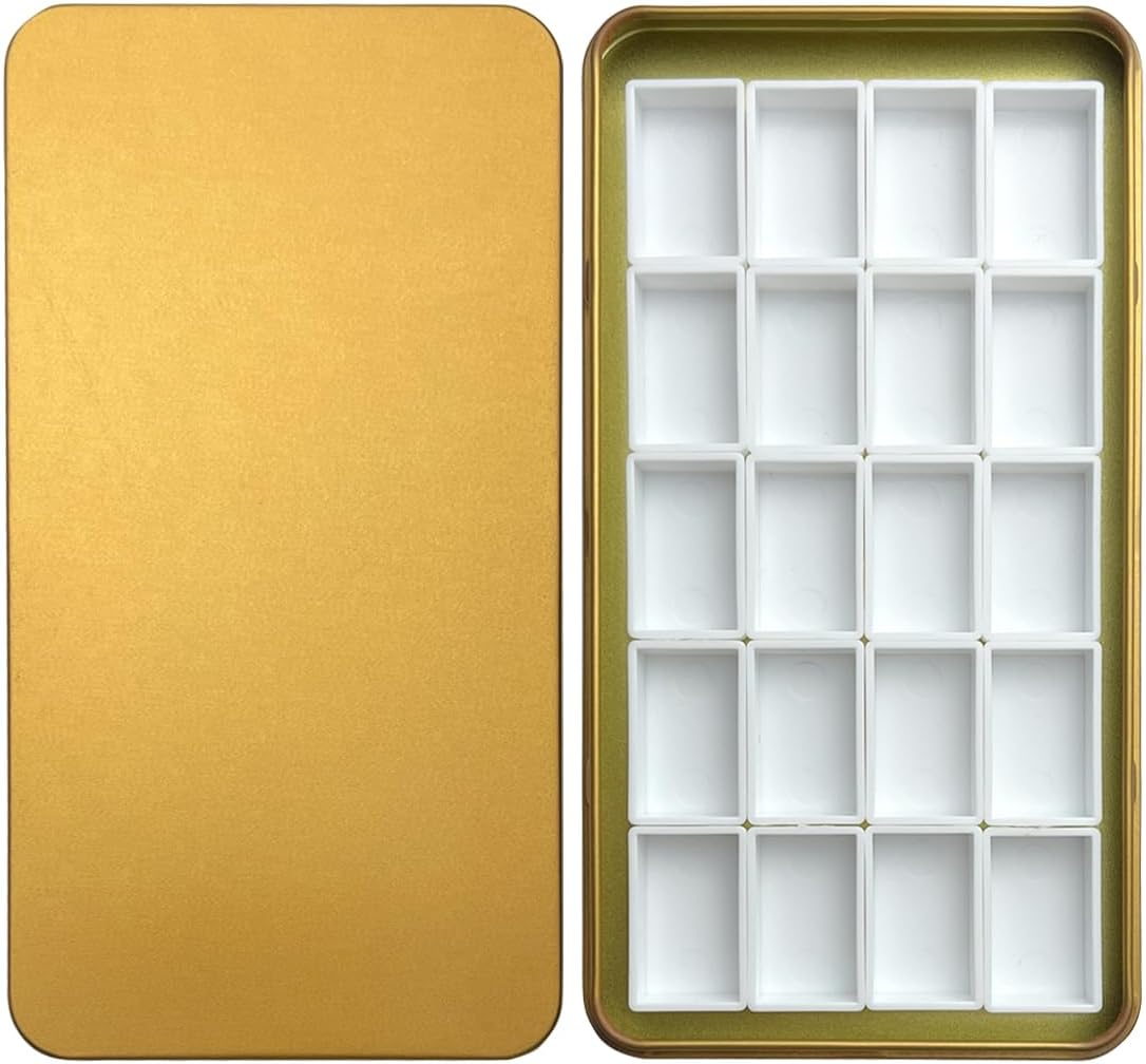 FCLUB gold watercolor palette tin with 20 full pans and magnetic squares, DIY your own watercolor palette by filling the full pans with your favorite paints