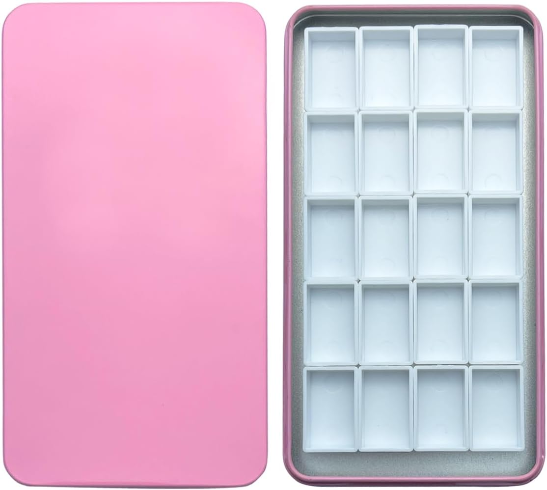 FCLUB pink watercolor palette tin with 20 full pans and magnetic squares, lightweight and portable metal paint box ideal for home, studio, and travel painting