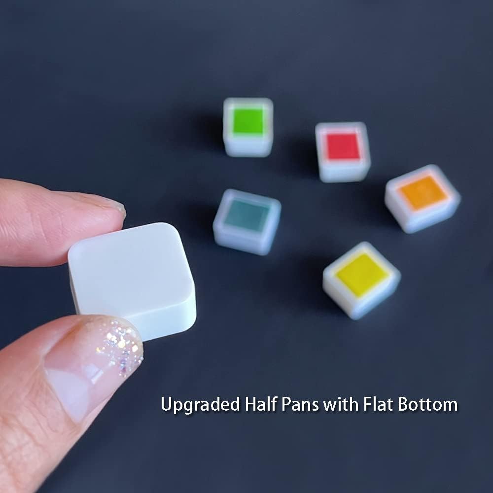 Flat bottom watercolor half pan shown in hand – no logo, easy to attach magnets