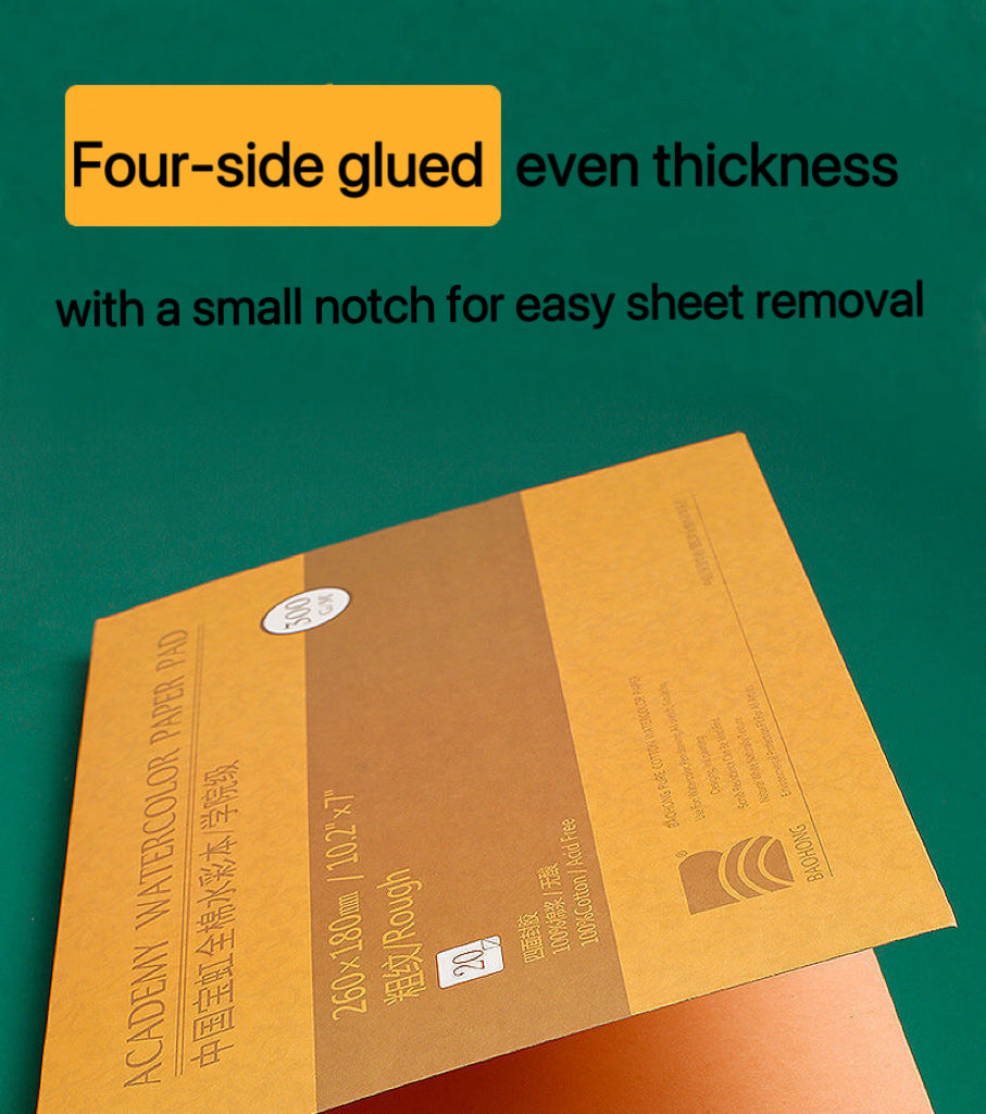 100% cotton watercolor pad with four-side glue, even thickness, and small notch for easy sheet removal and cutting