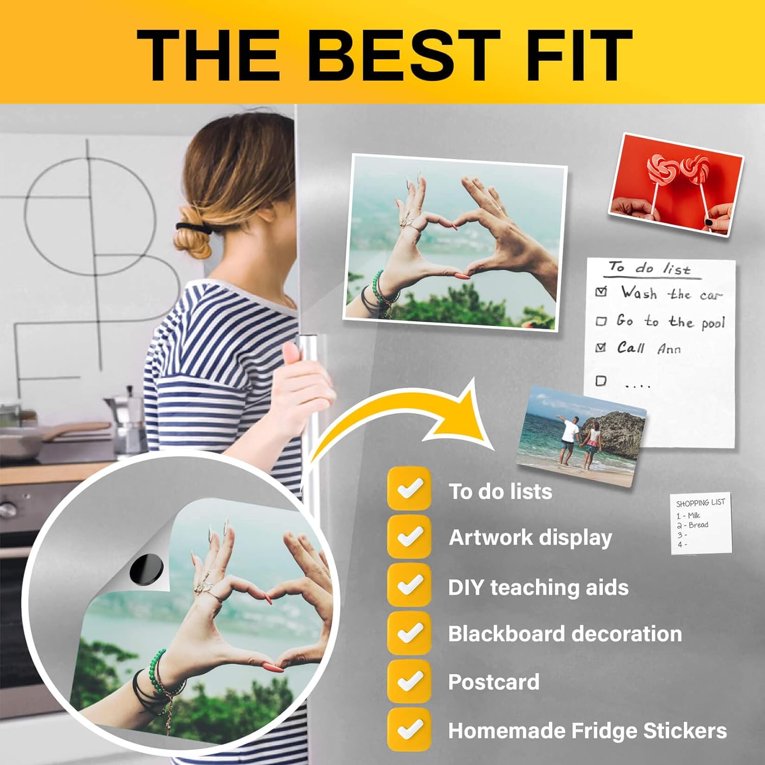 Magnet dots stick items like scissors, kitchen tools, notepads, and reminders to the fridge for easy access