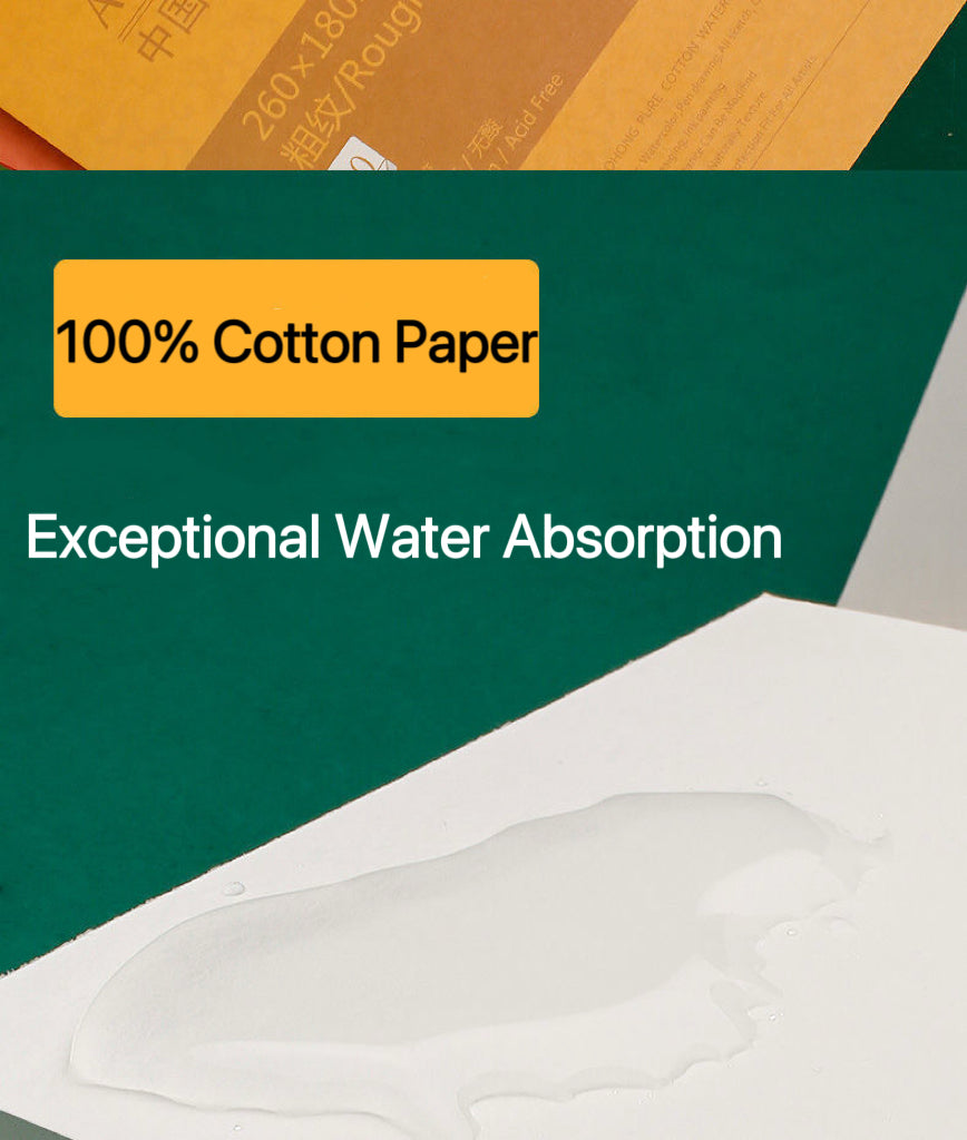 100% cotton watercolor paper with exceptional water absorption, perfect for blending and washes