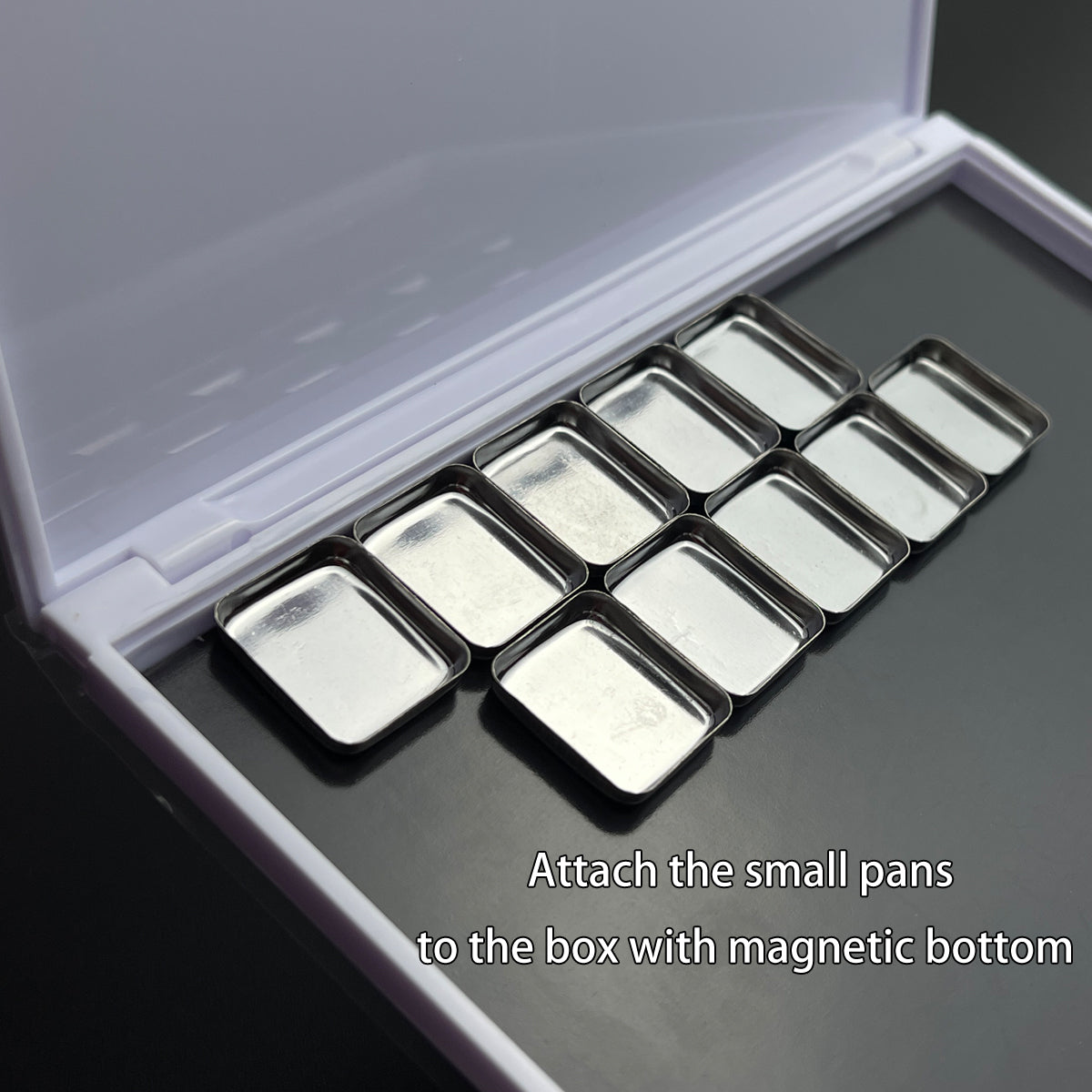 Rectangle metal pans inside magnetic watercolor palette – perfect for DIY travel art kits and handmade paints