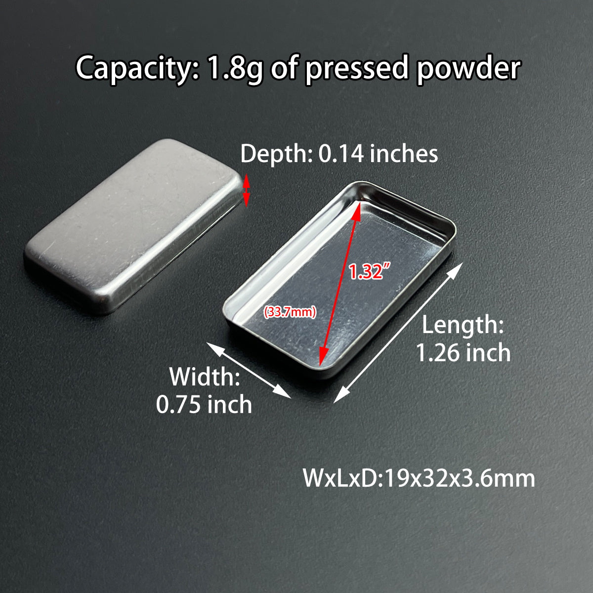 Metal refill pan with 19x32mm size and 1.8g capacity – great for handmade watercolors or solid makeup products