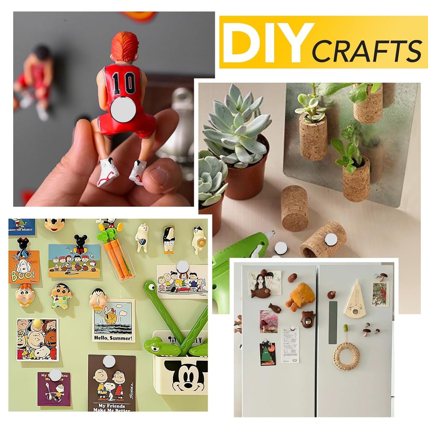 Use neodymium magnets to hold photos, DIY mini projects, stickers, and notes on magnetic surfaces at home or office