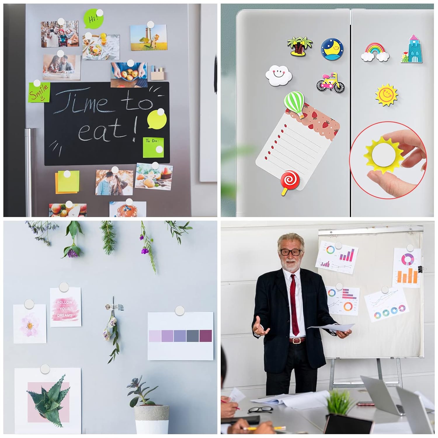 Use neodymium magnets to hold photos, DIY mini projects, stickers, and notes on magnetic surfaces at home or office