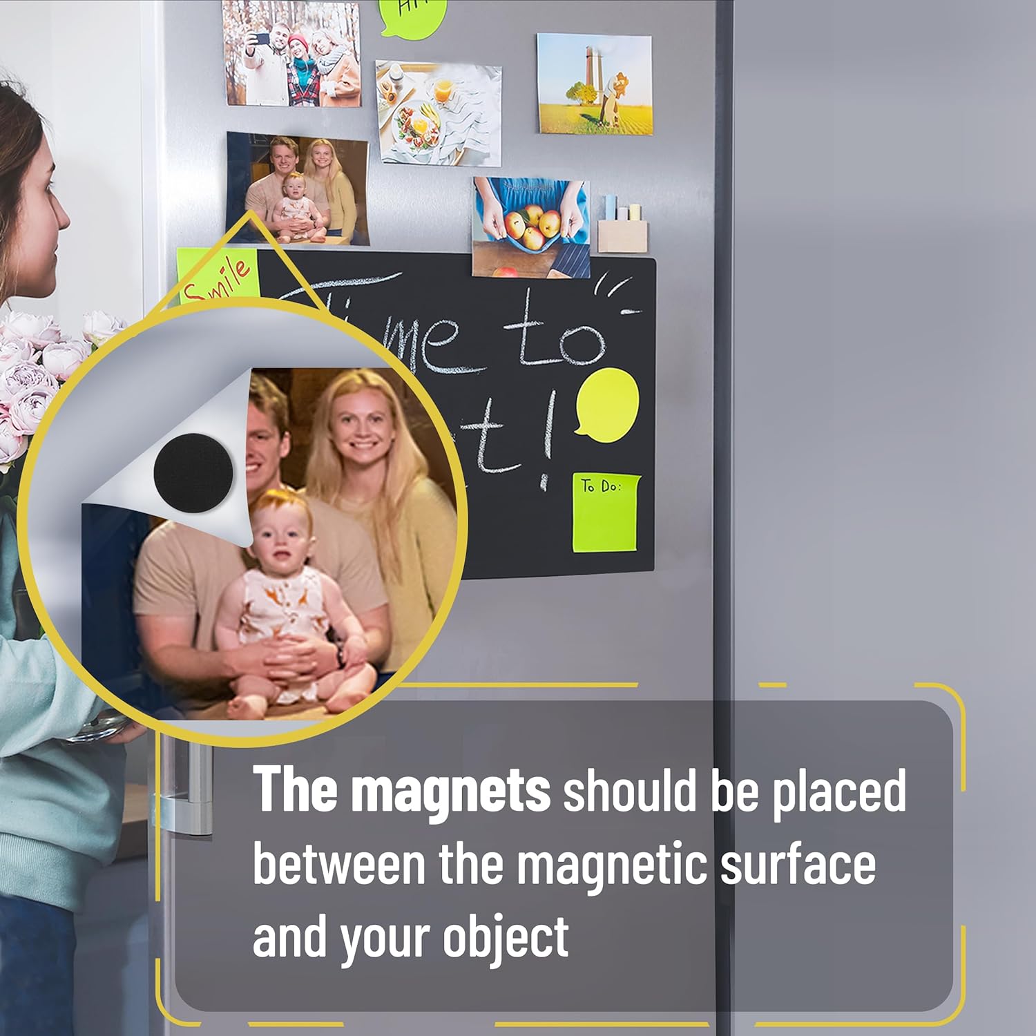 Display photos and postcards on the refrigerator using FCLUB adhesive magnetic dots for a clean, tape-free look