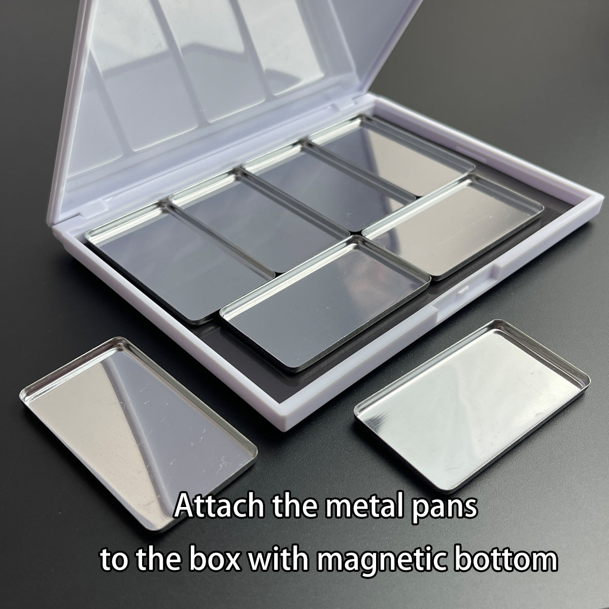 Large rectangle metal pans fitted inside magnetic watercolor palette – refillable and perfect for portable kits