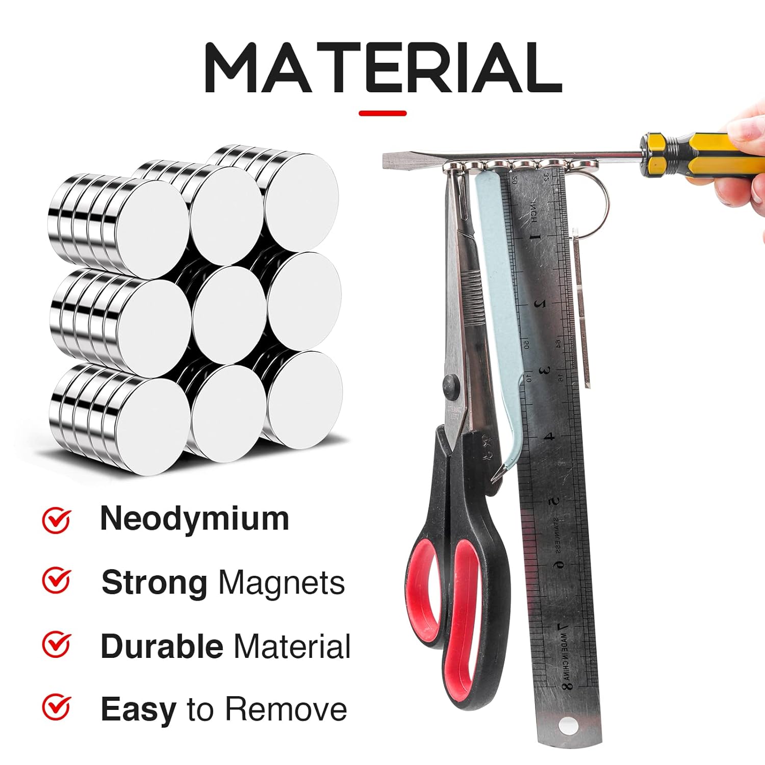 Tiny neodymium magnets stick to a screwdriver and attract scissors, rulers, and keys – powerful and handy for tool organization