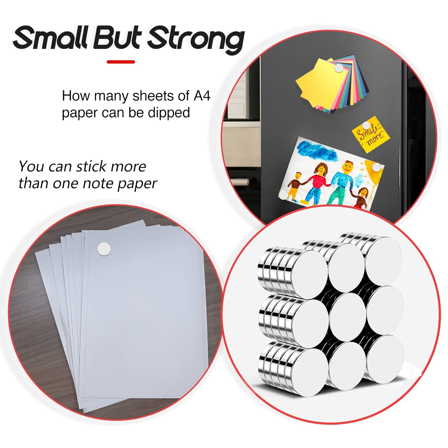 Despite small size, these neodymium magnets securely hold A4 paper on the fridge or whiteboard
