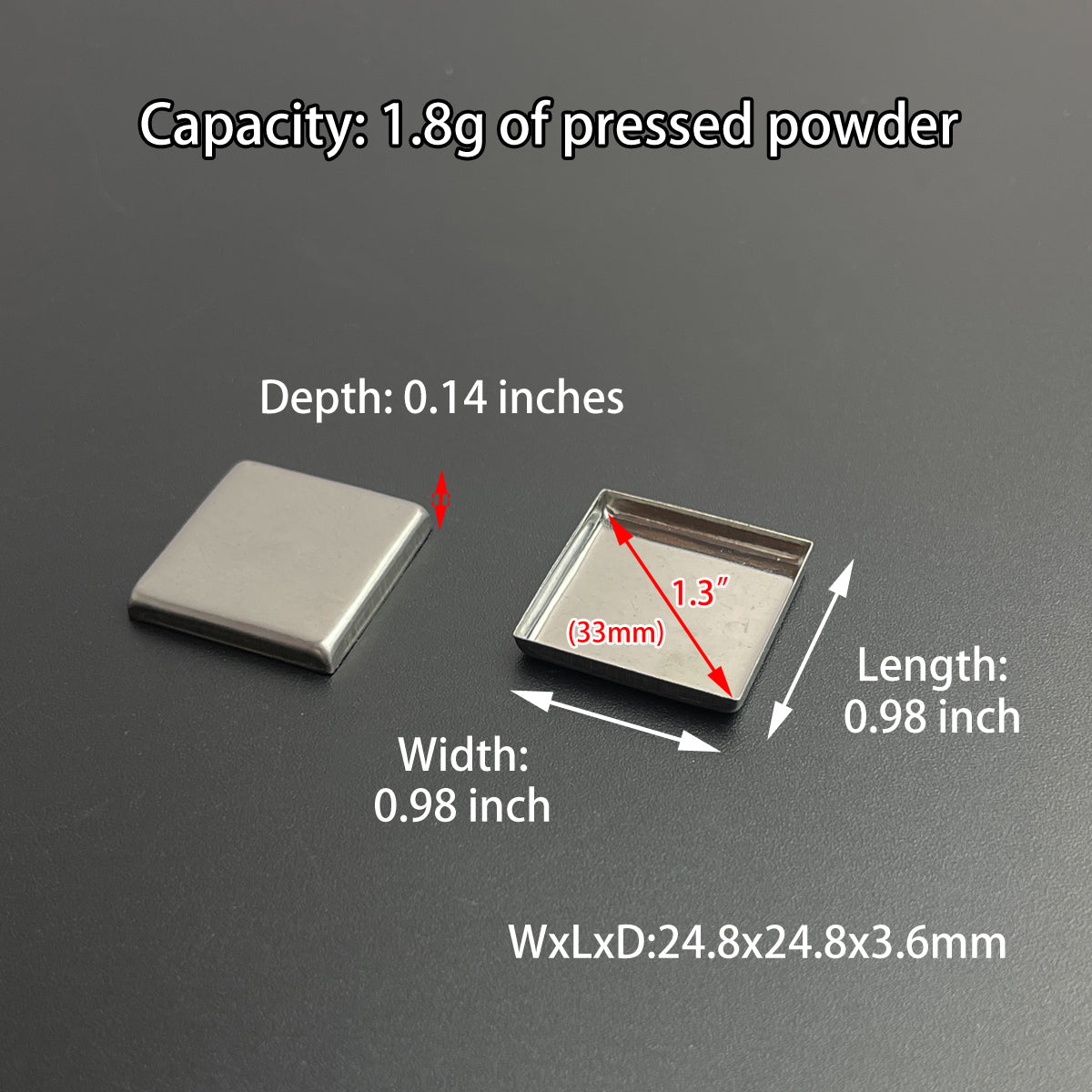 Square metal refill pan – 24.8mm sides with 1.8g capacity, ideal for custom paint or makeup color blocks