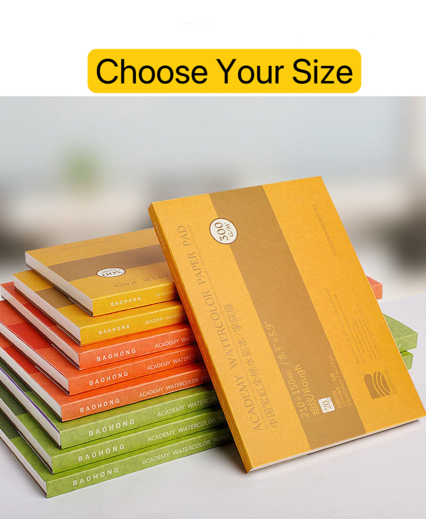 Stacked 100% cotton watercolor pads in multiple sizes, ideal for artists and painting sets