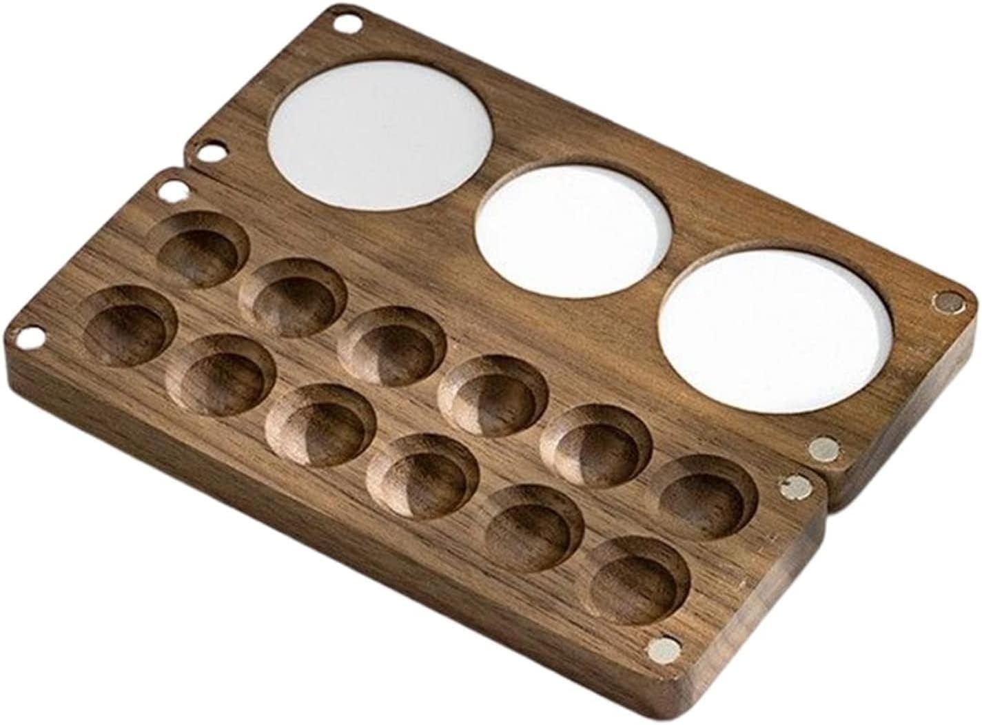 Open 12-round wells wooden palette with mixing tray for watercolor, gouache, and acrylic paints.