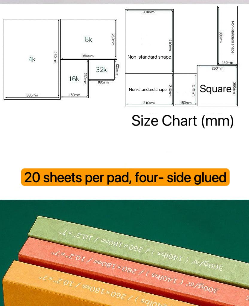 100% cotton watercolor pad with 20 sheets per pad, four-side glued for convenient use