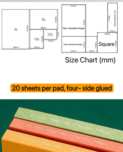 100% cotton watercolor pad with 20 sheets per pad, four-side glued for convenient use