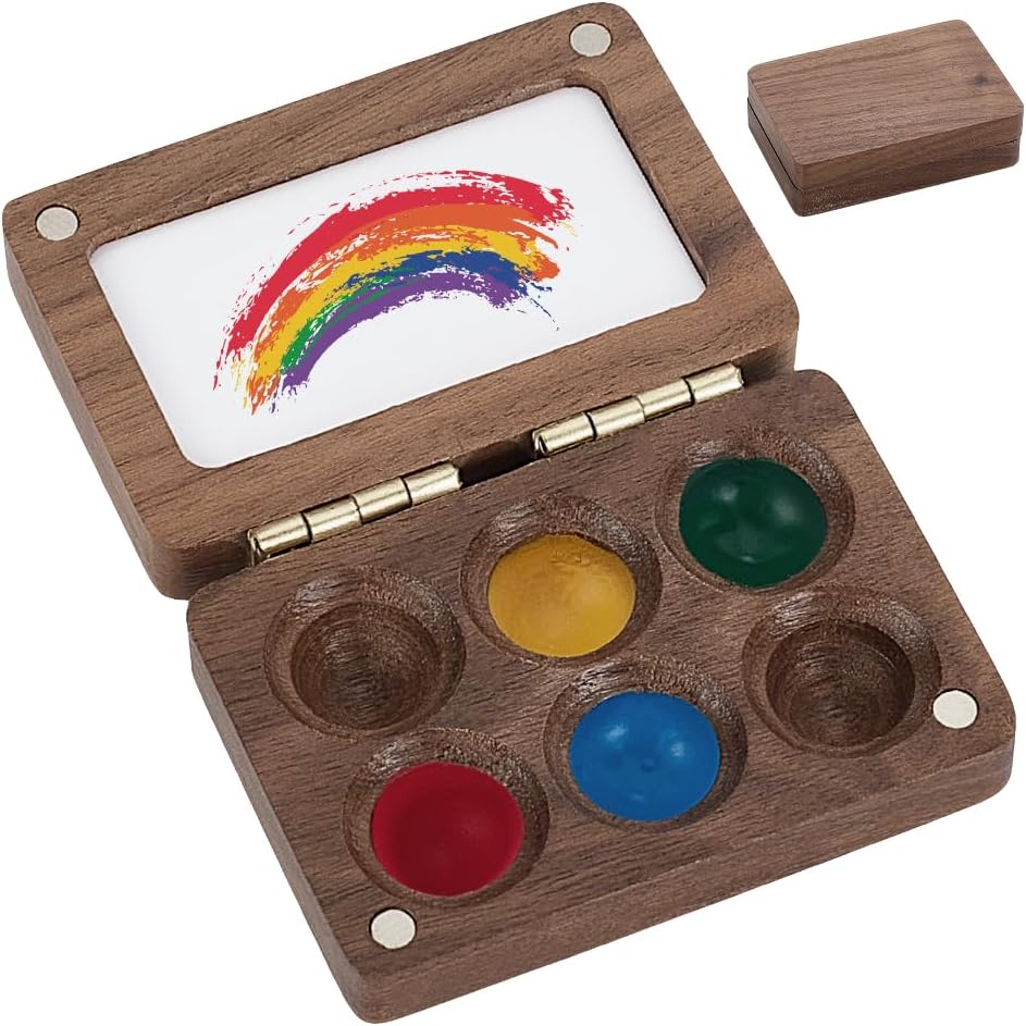 30pcs 6 wells walnut wood watercolor palette, mini portable paint mixing box with magnetic lid for artists and DIY paint makers