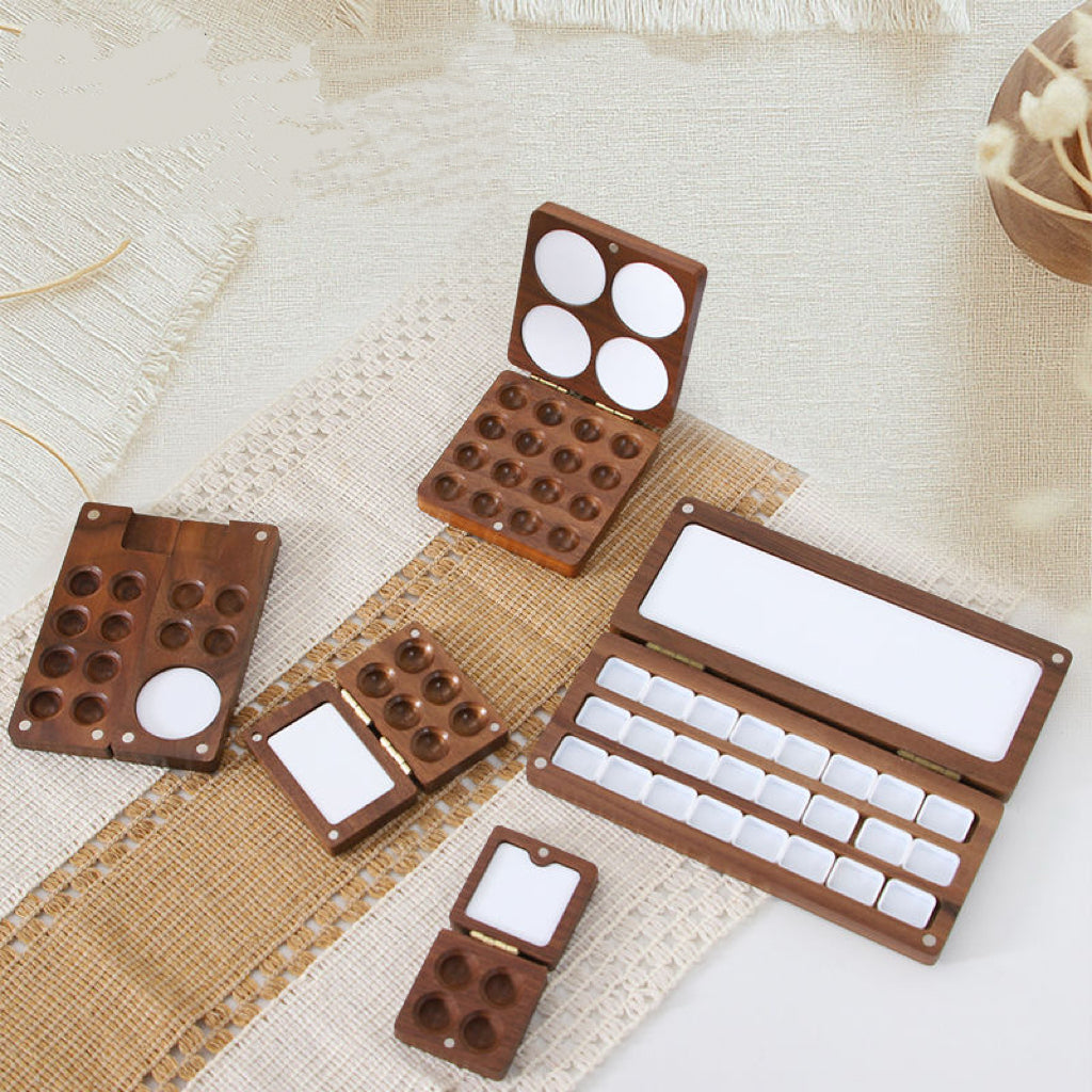 30pcs walnut wooden watercolor palette with 4 and 6 round wells, portable mini paint mixing box with magnetic lid