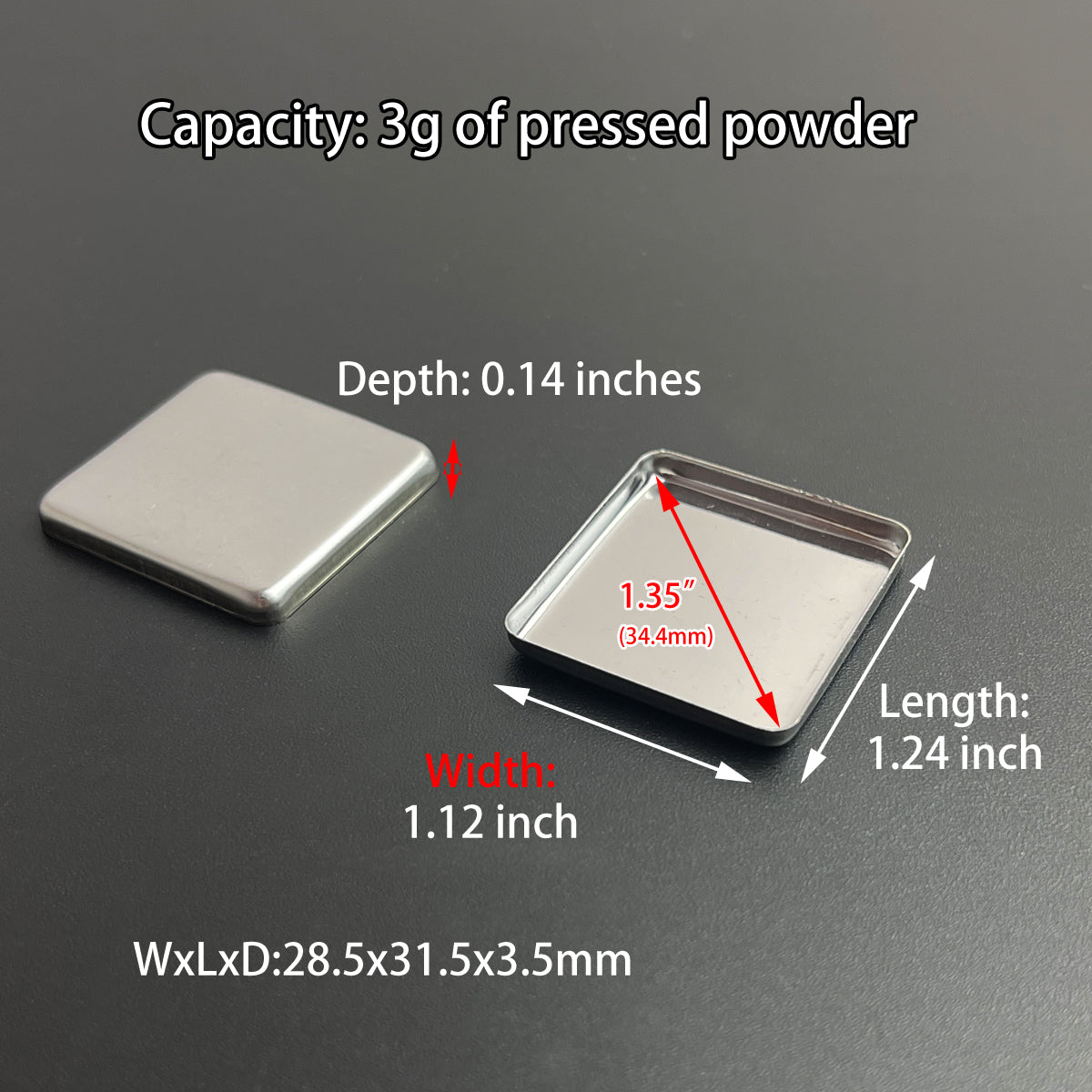 Rectangle metal pans with 31.5x28.5mm dimensions and 3g capacity – ideal for handmade watercolor paints or solid cosmetics