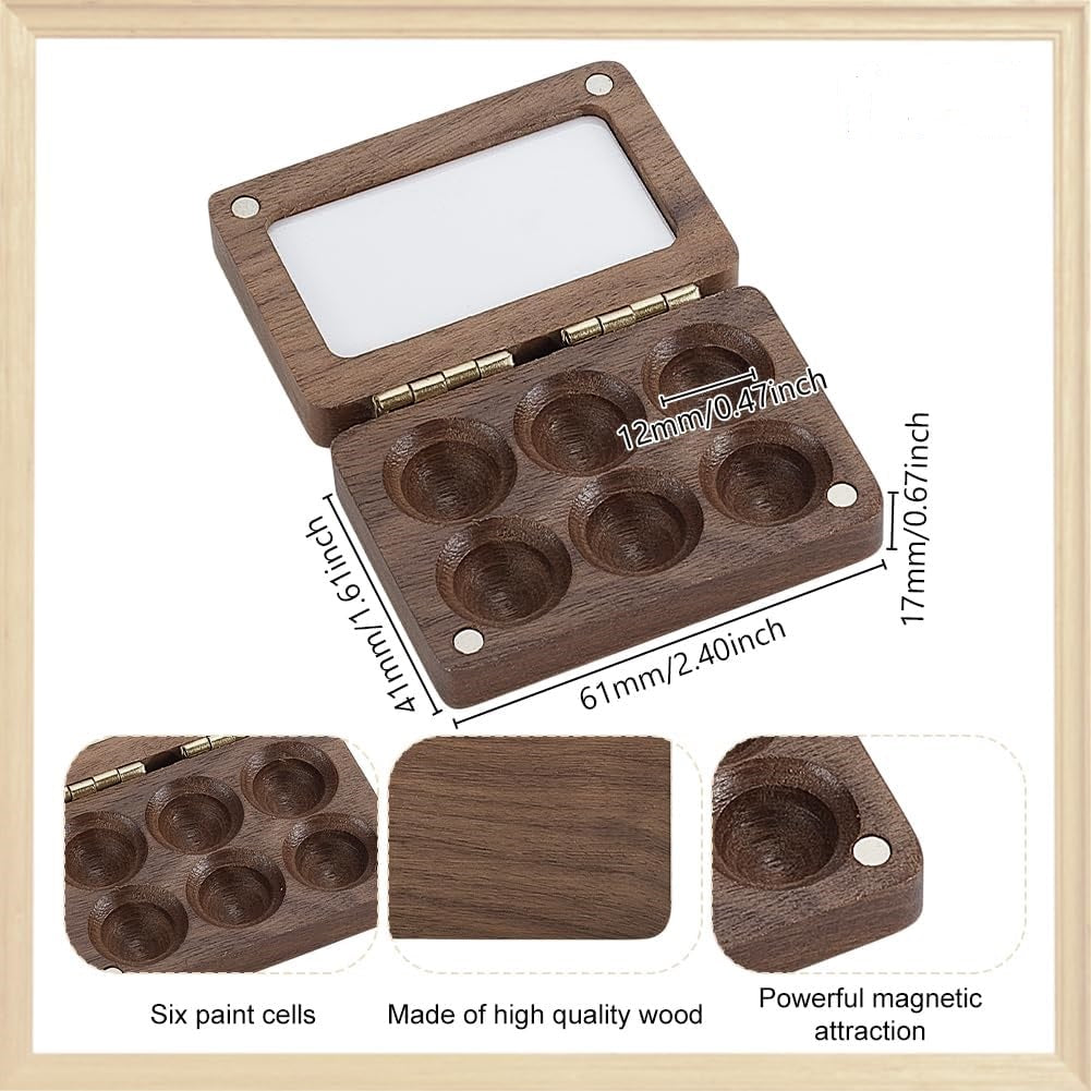 Dimensions of 6 wells walnut wood watercolor palette, showing size and layout, ideal for travel, sketchbooks, and portable painting