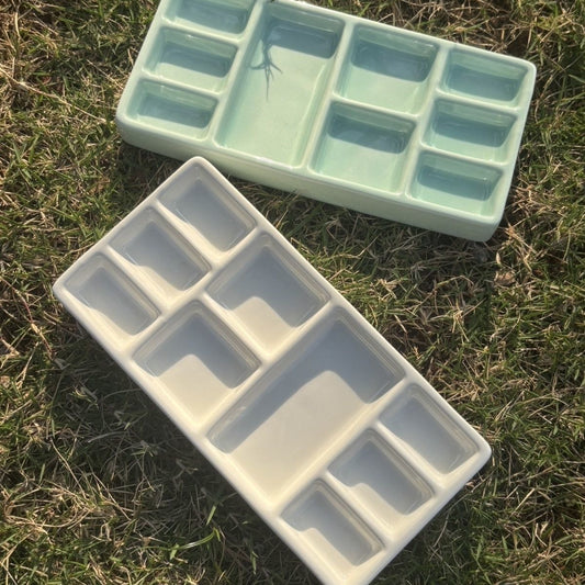 FCLUB Ceramic 9-Well Paint Palette Set – 6-4/5 × 3-1/3 Inch White Tray for Watercolor, Gouache, Acrylic, Oil & Crafts