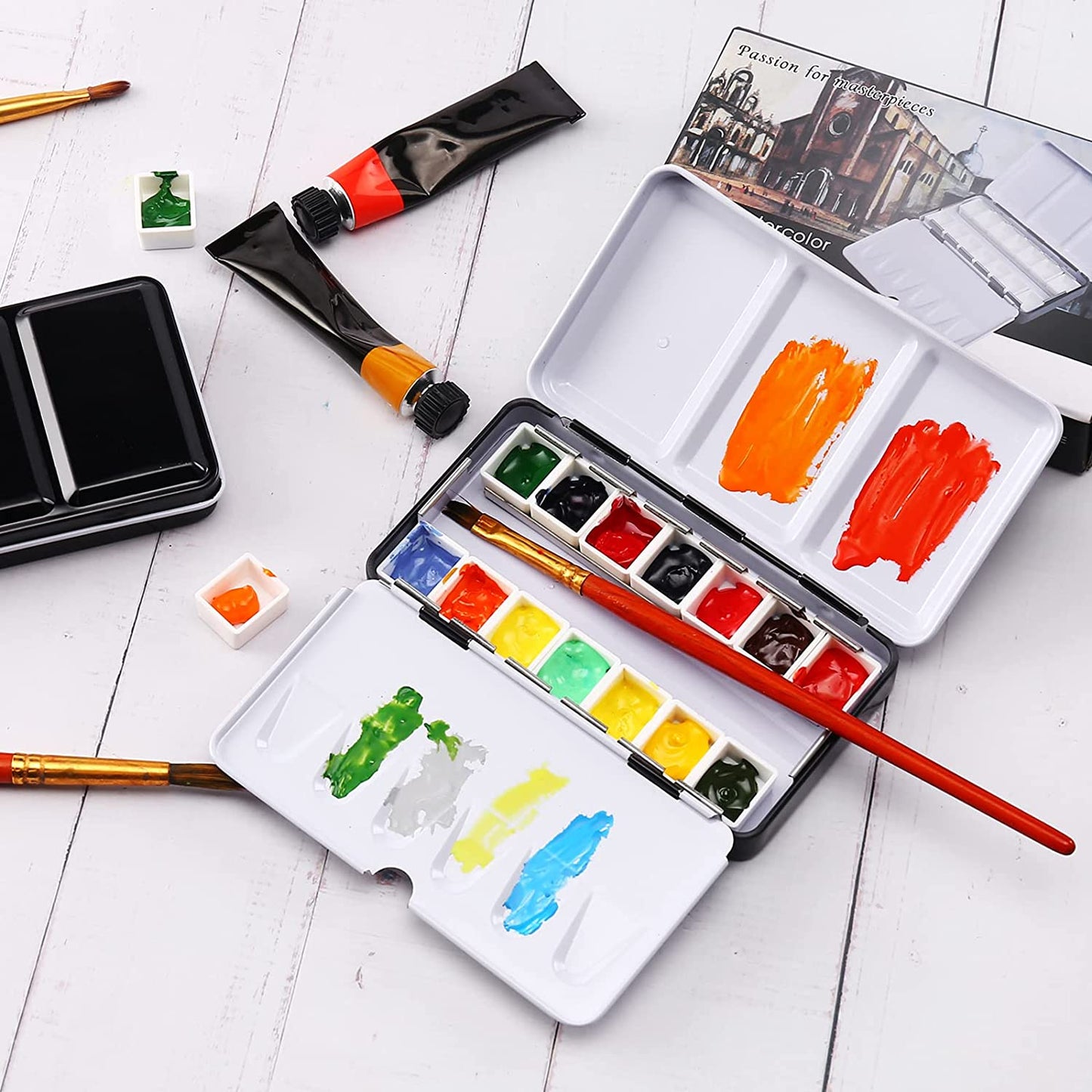 Small Watercolor Tray Palette with 14Pcs Half Pans - Empty Watercolor Palette