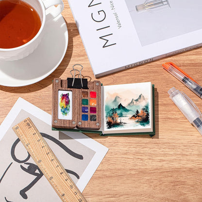 30PCS 8-Grid Wooden Travel Watercolor Palette – Mini Paint Box for Sketching, Gouache & Acrylic, Portable with Magnetic Clip