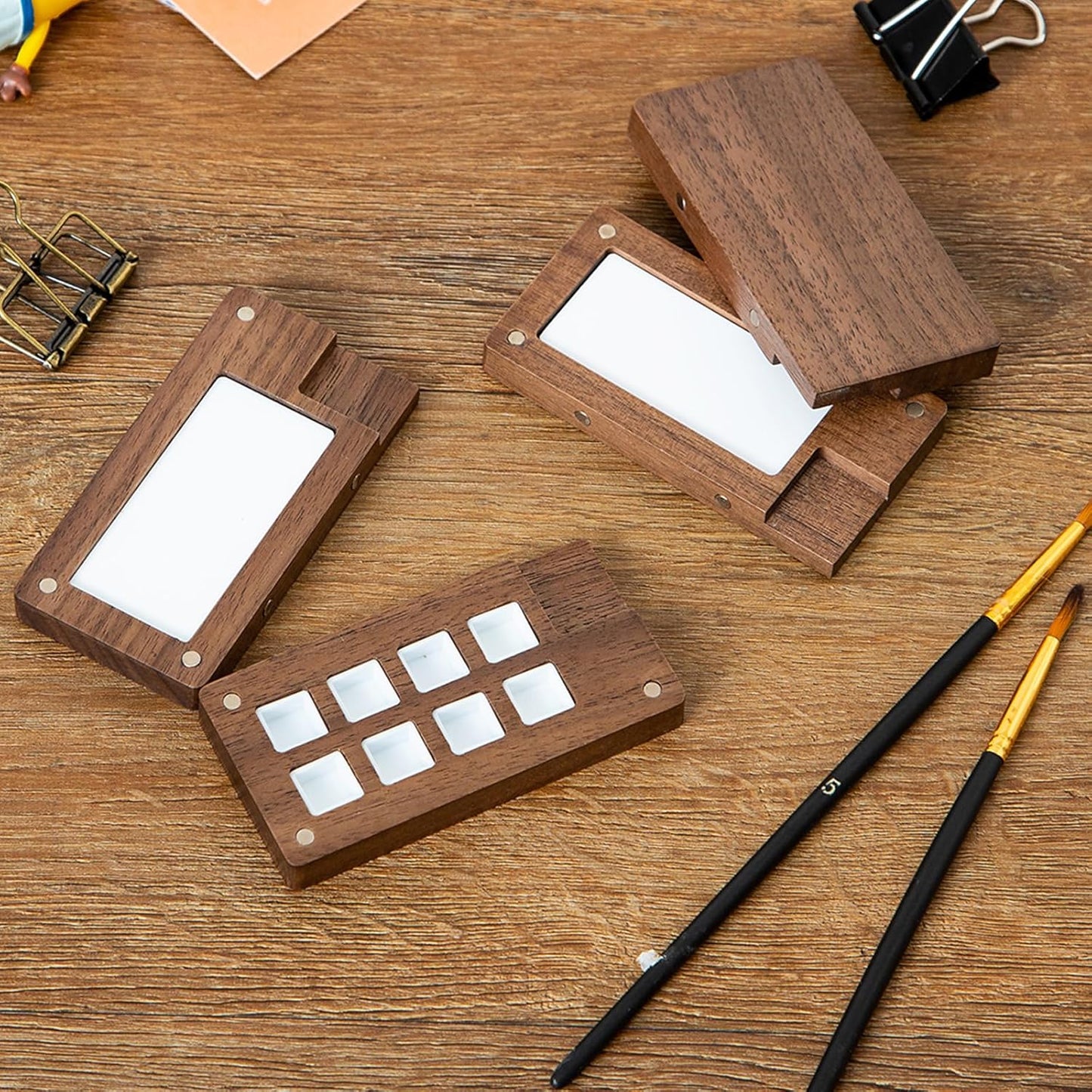 30PCS 8-Grid Wooden Travel Watercolor Palette – Mini Paint Box for Sketching, Gouache & Acrylic, Portable with Magnetic Clip