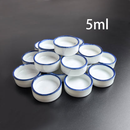Bulk Ceramic Watercolor Mixing Pans – 100pcs Porcelain Round Paint Dishes (2ml–8ml) with Blue Rim for Watercolor, Gouache & Acrylic