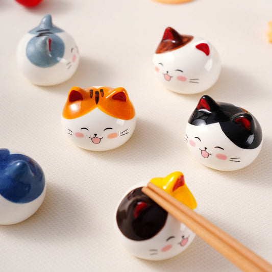 Ceramic Cat Chopstick Rests – 12pcs Porcelain Holders for Chopsticks, Spoons & Forks | Japanese Style Cute Cat Tableware & Kitchen Decor Gift
