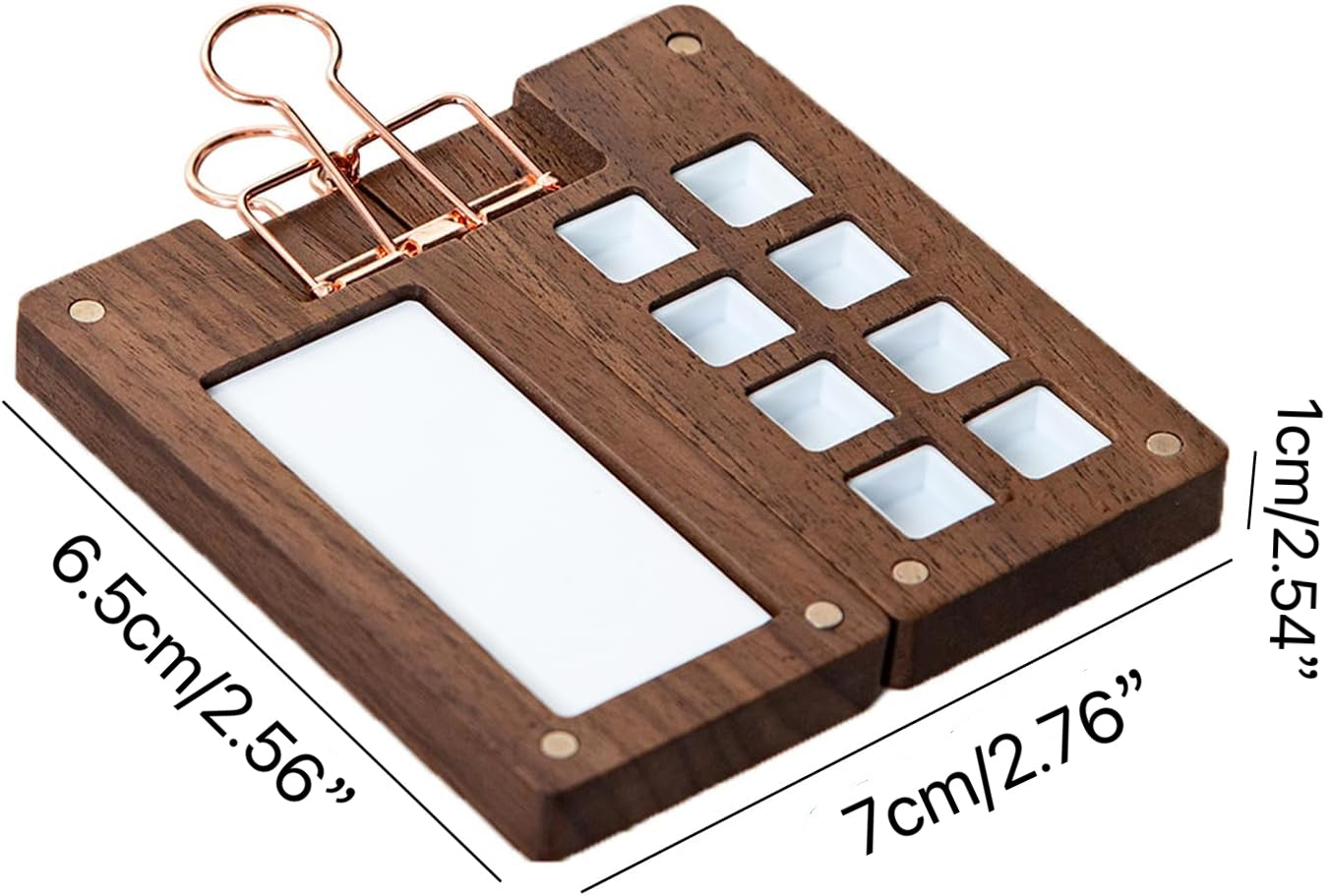 8-grid mini watercolor palette dimensions: 3.5 x 3.7 x 0.39 inches, each hole 0.47 x 0.47 x 0.26 inches, holds 0.5ml pigment