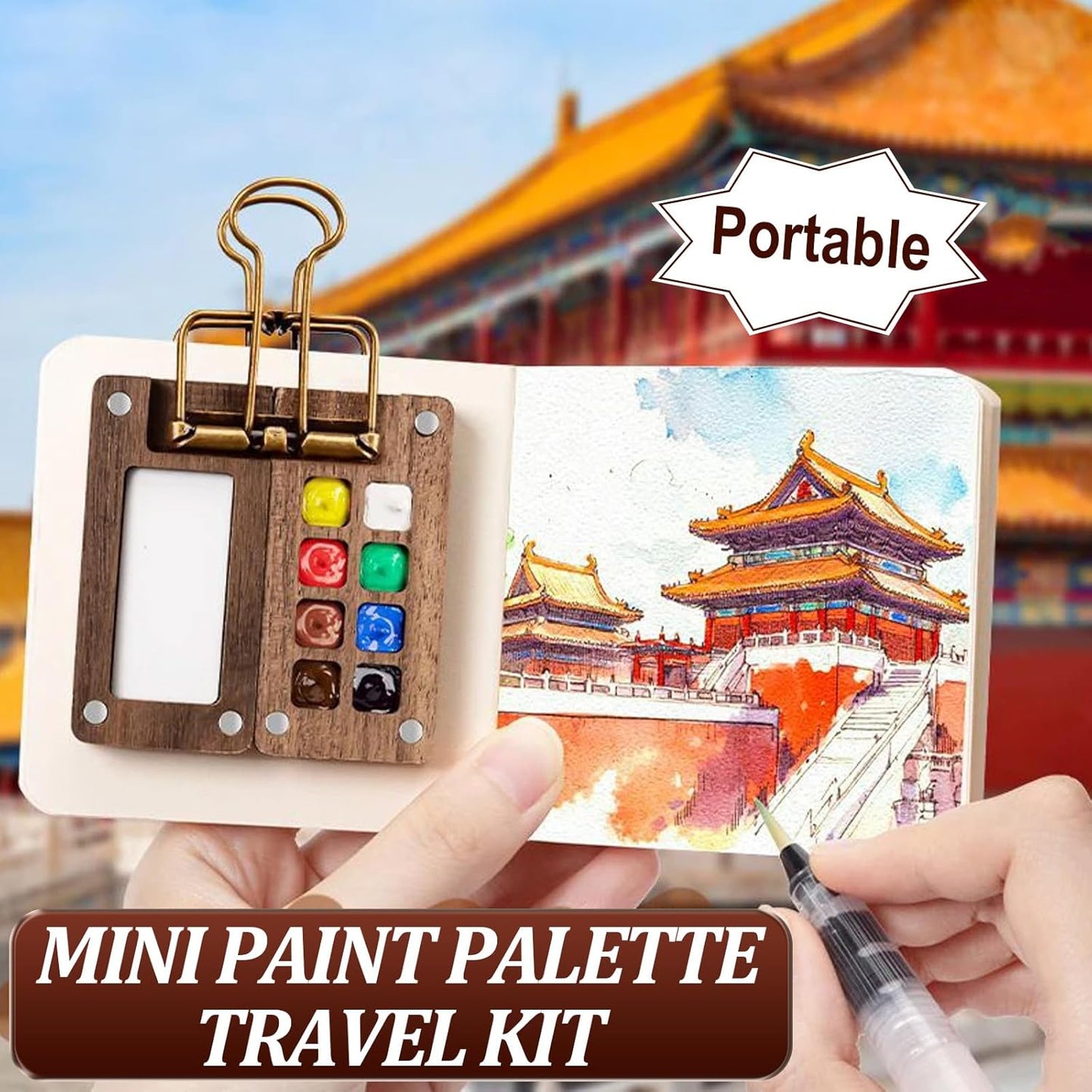 8-grid mini watercolor palette filled with favorite paints, perfect for urban sketchers and travel painting.