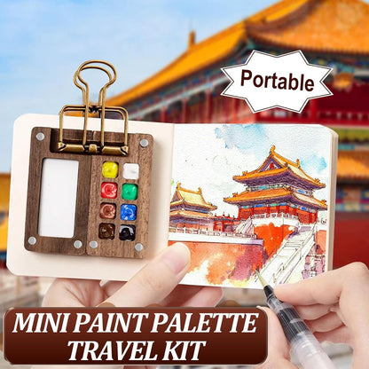 8-grid mini watercolor palette filled with favorite paints, perfect for urban sketchers and travel painting.