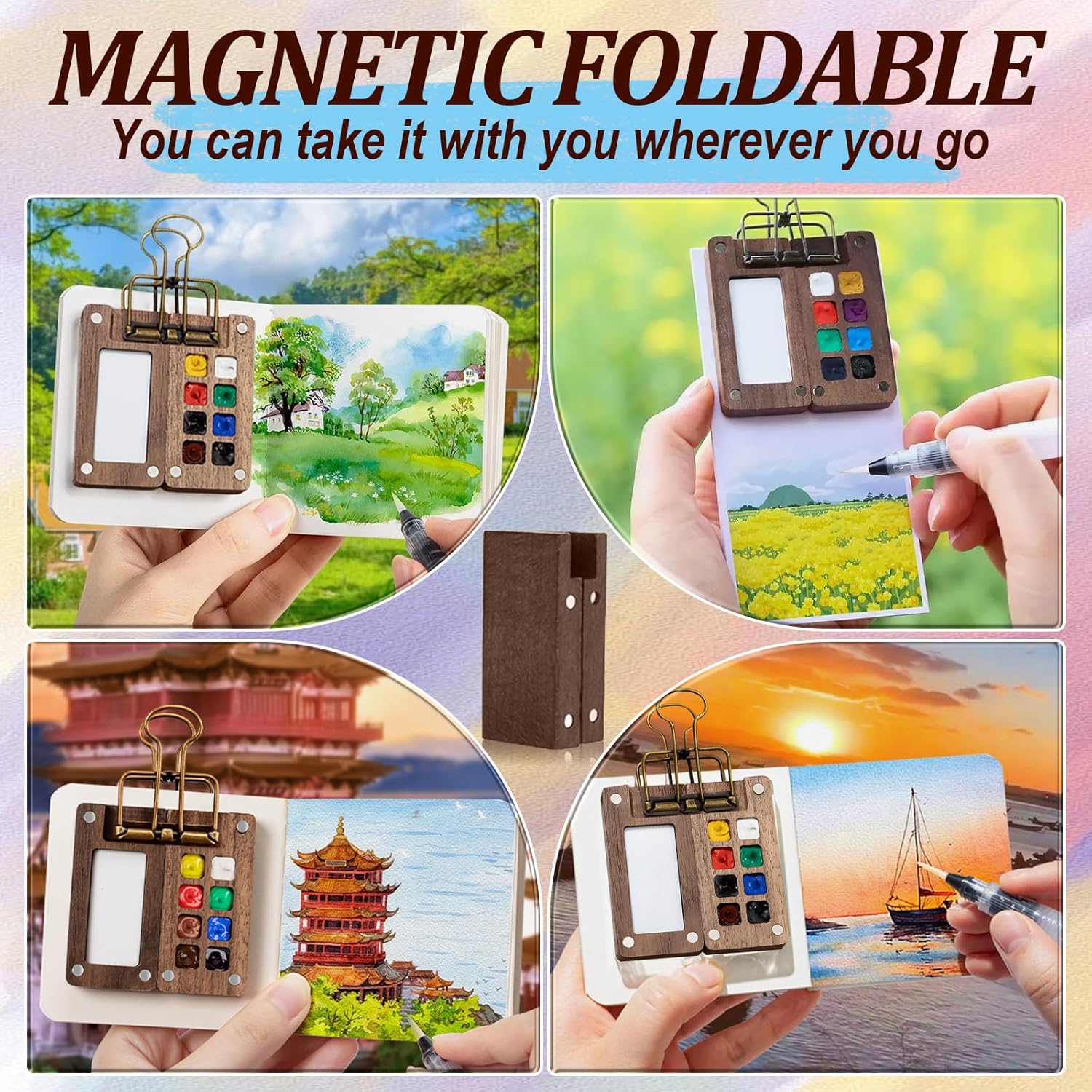 Portable watercolor palette attached to a sketchbook with clip, ideal for outdoor painting and travel sketches.