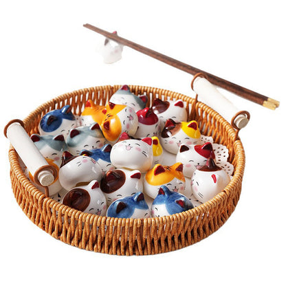 Ceramic Cat Chopstick Rests – 12pcs Porcelain Holders for Chopsticks, Spoons & Forks | Japanese Style Cute Cat Tableware & Kitchen Decor Gift