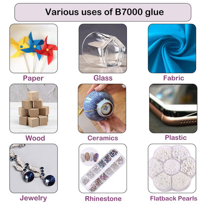 B7000 glue works on paper, glass, fabric, wood, ceramic, plastic, jewelry, and more – perfect for all DIY needs
