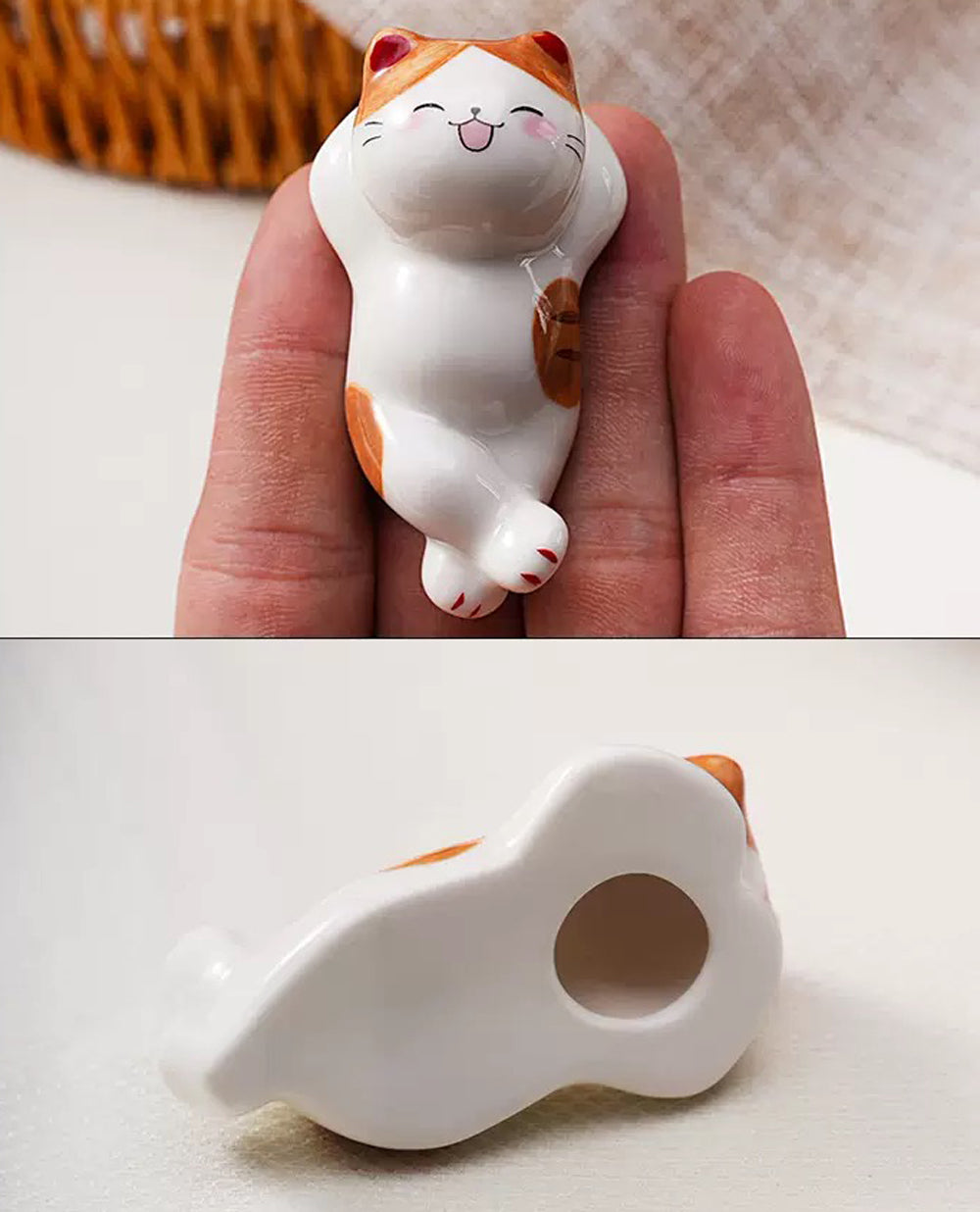 Close-up of cute ceramic cat chopstick rest showing hollow design and smooth porcelain finish