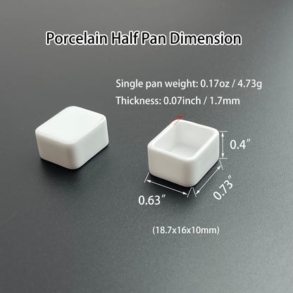 Ceramic watercolor half pan size chart for 20pcs set, showing dimensions of each pan, suitable for watercolor palettes
