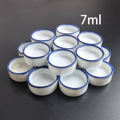 Bulk Ceramic Watercolor Mixing Pans – 100pcs Porcelain Round Paint Dishes (2ml–8ml) with Blue Rim for Watercolor, Gouache & Acrylic