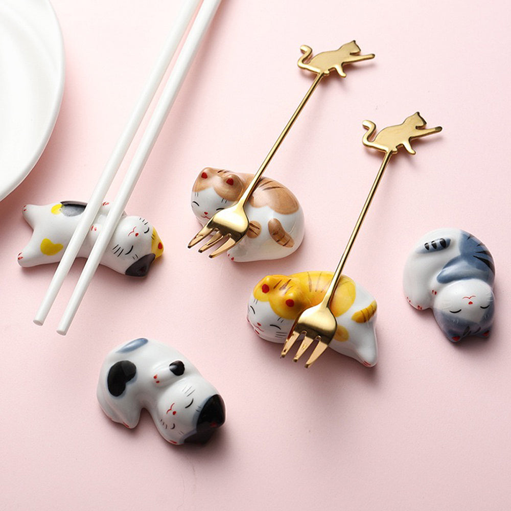 10pcs Ceramic Cat Chopstick Holders – Japanese Porcelain Tableware Rest Set | Cute Cat Kitchen & Gift Decor