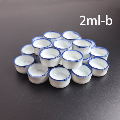 Bulk Ceramic Watercolor Mixing Pans – 100pcs Porcelain Round Paint Dishes (2ml–8ml) with Blue Rim for Watercolor, Gouache & Acrylic